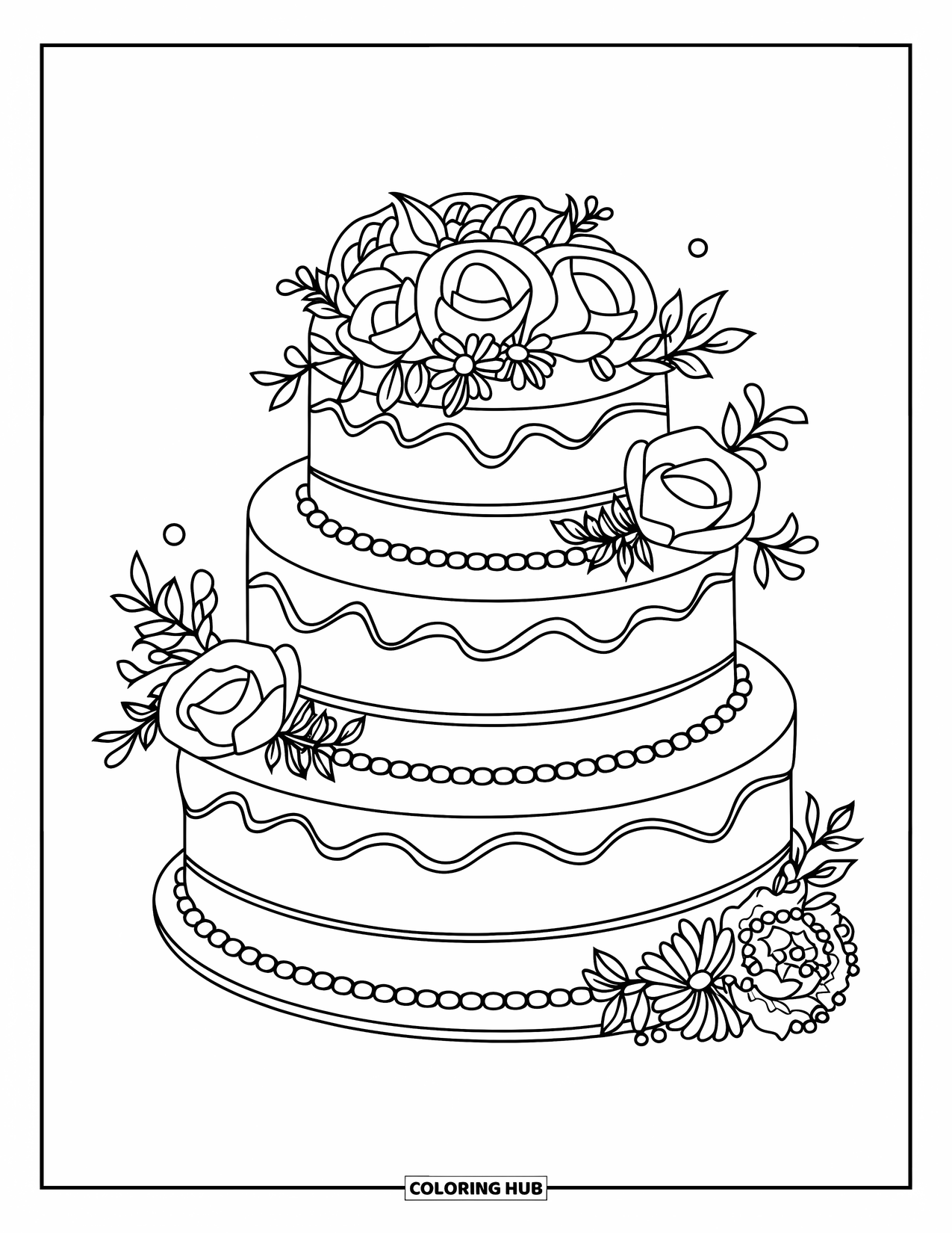 Wedding Cake Coloring Page for Kids: A floral-topped wedding cake with soft frosting details rests on a decorated stand