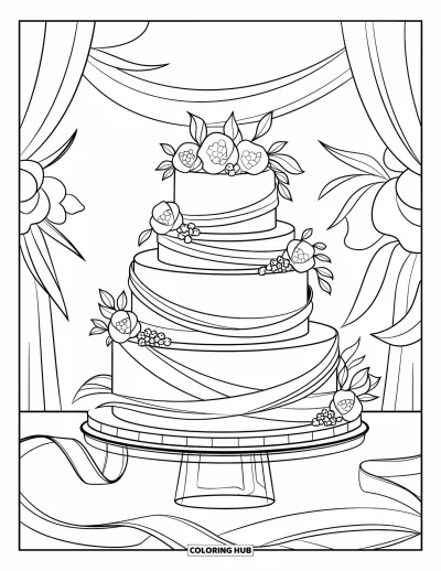 Wedding Cake Coloring Page for Kids: A fondant-wrapped wedding cake with ribbon details is placed on a contemporary stand