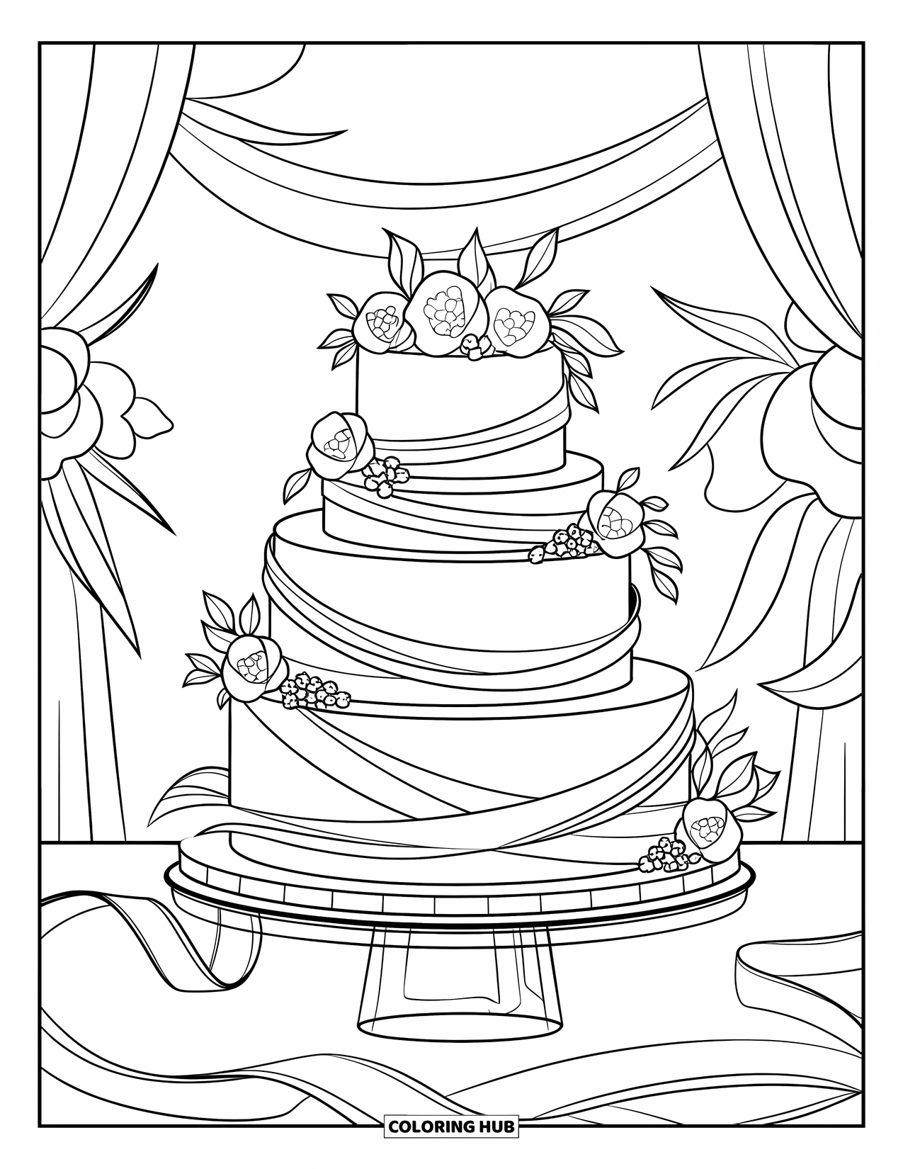 Wedding Cake Coloring Page for Kids: A fondant-wrapped wedding cake with ribbon details is placed on a contemporary stand