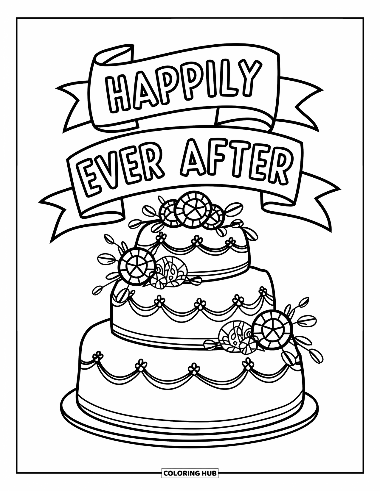 Wedding Cake Coloring Page for Kids: A grand wedding cake with a "Happily Ever After" banner sits on a stand