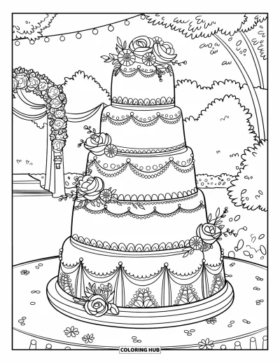 Wedding Cake Coloring Page for Kids: A grand wedding cake with intricate floral piping stands under twinkling lights
