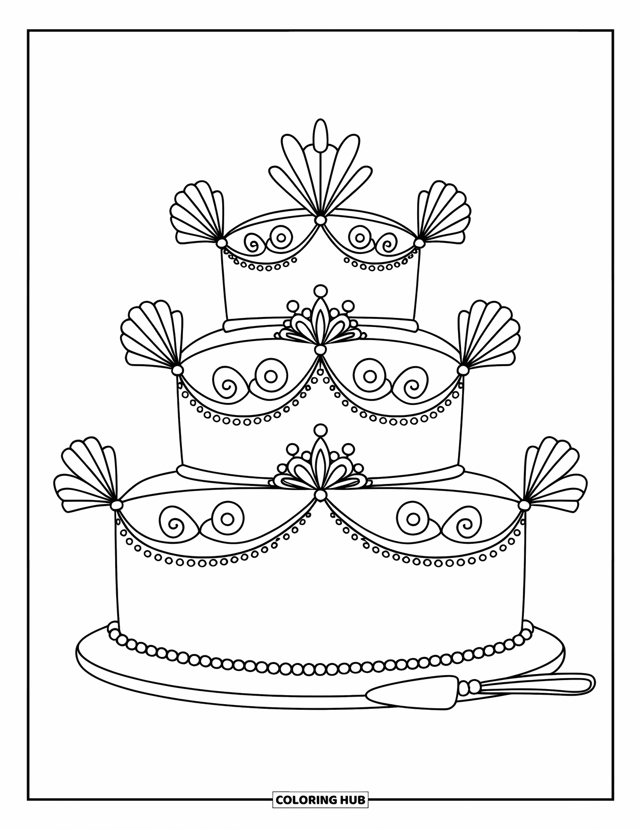 Wedding Cake Coloring Page for Kids: A luxurious wedding cake with delicate swirls and pearls sits on a stand