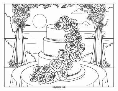 Wedding Cake Coloring Page for Kids: A multi-tiered wedding cake with floral details stands under an elegant arch