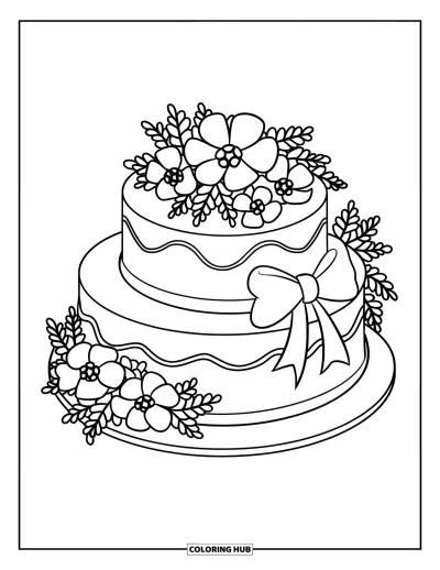 Wedding Cake Coloring Page for Kids: A round cake with floral details and a bow sits elegantly on a stand