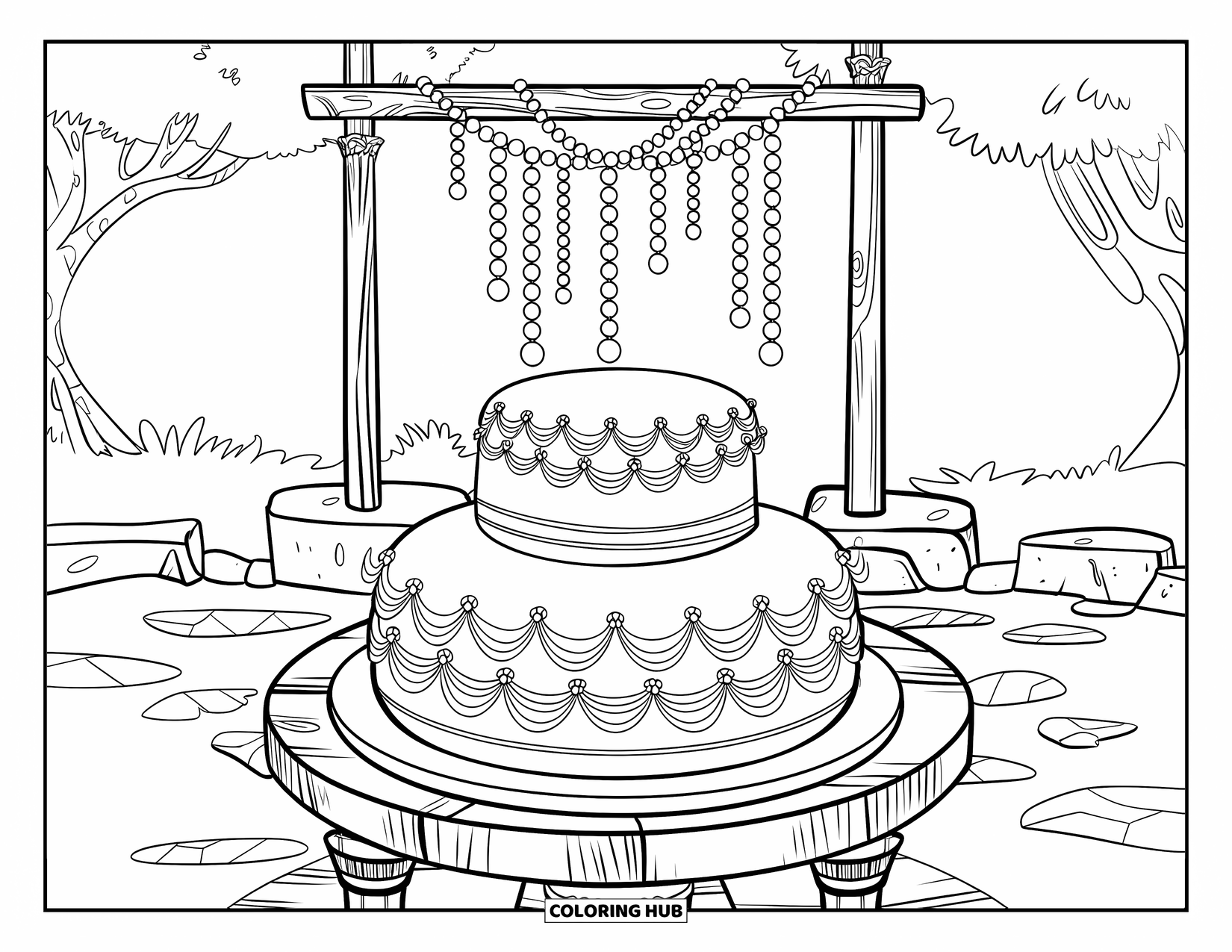 Wedding Cake Coloring Page for Kids: A rustic wedding cake with floral accents sits under a wooden archway
