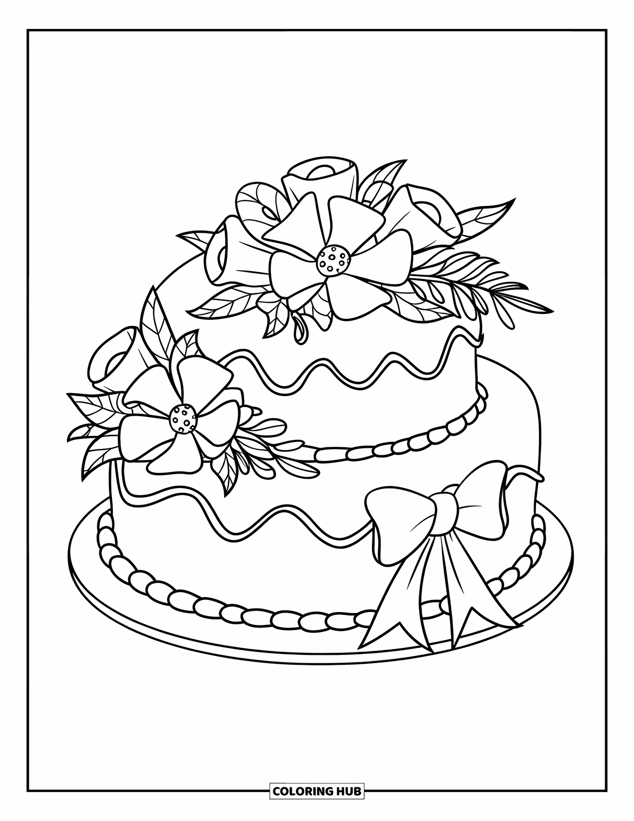 Wedding Cake Coloring Page for Kids: A single-tier wedding cake with floral decorations and a bow sits on a pedestal