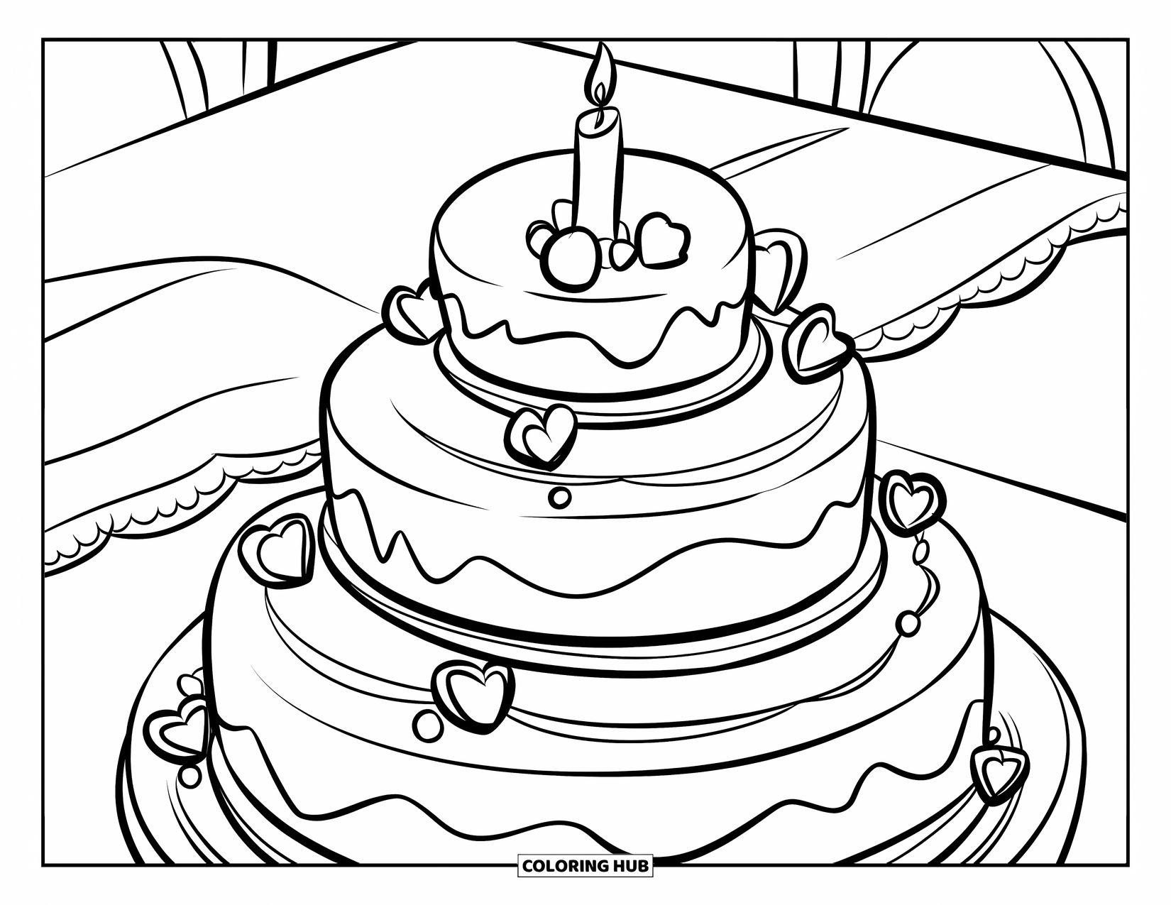 Wedding Cake Coloring Page for Kids: A stacked wedding cake with thick frosting and candles sits on a cloth-covered table