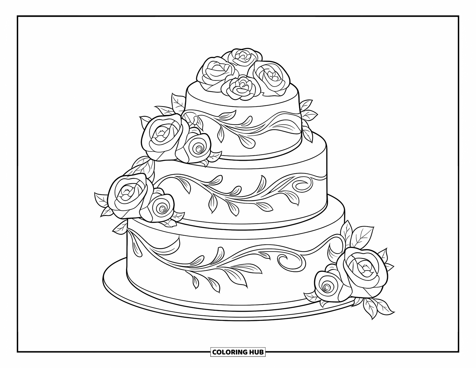 Wedding Cake Coloring Page for Kids: A three-layer cake with delicate piping and roses rests on a stand
