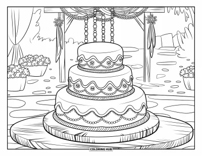 Wedding Cake Coloring Page for Kids: A three-layer rustic wedding cake with lace piping sits under a wooden arch