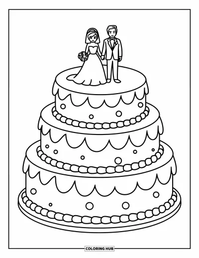 Wedding Cake Coloring Page for Kids: A three-layered wedding cake with a simple topper sits on a white plate