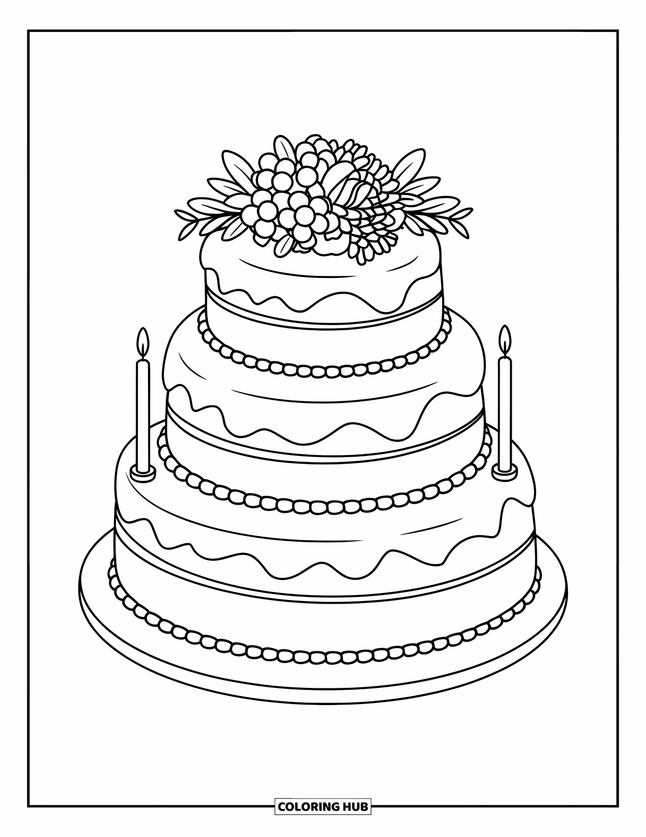 Wedding Cake Coloring Page for Kids: A three-tier wedding cake with frosting beads and floral details sits on a stand