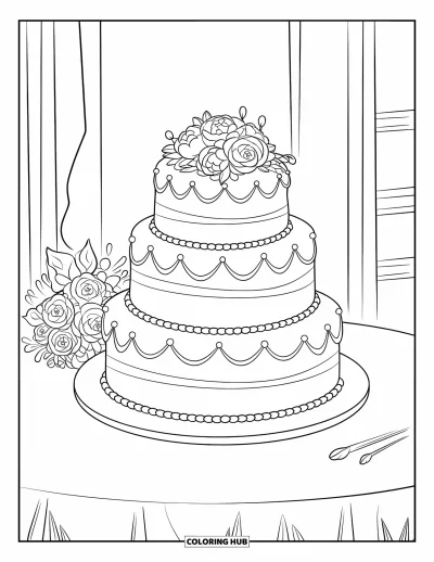 Wedding Cake Coloring Page for Kids: A three-tiered wedding cake with floral accents and beads sits beside a bouquet