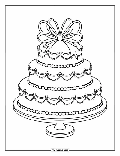 Wedding Cake Coloring Page for Kids: A tiered cake with pearl accents and a decorative bow sits on an elegant stand