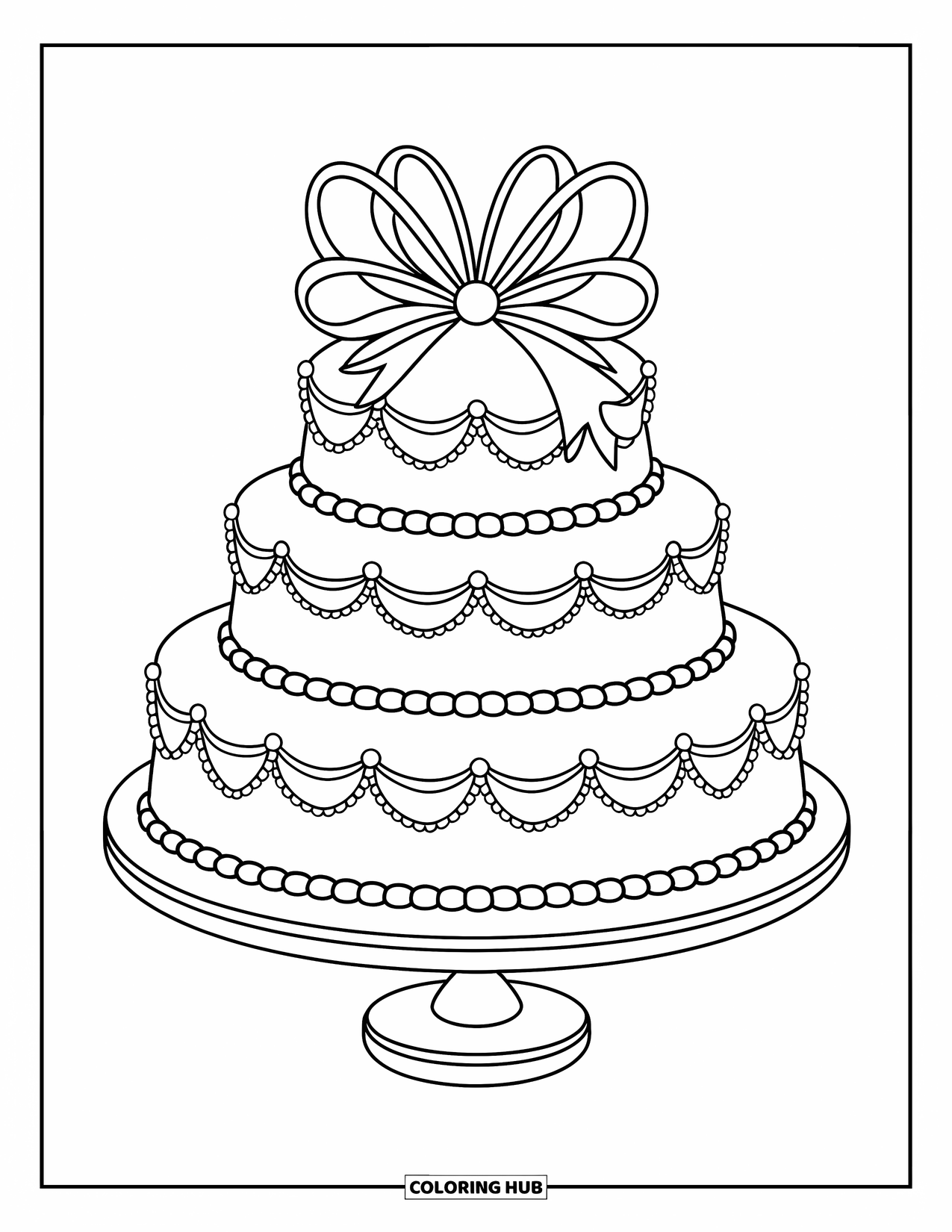 Wedding Cake Coloring Page for Kids: A tiered cake with pearl accents and a decorative bow sits on an elegant stand