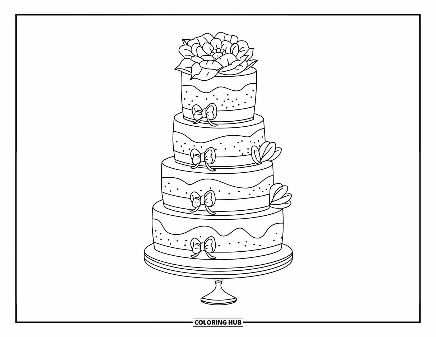 Wedding Cake Coloring Page for Kids: A tiered wedding cake with bows and a large flower sits on a table