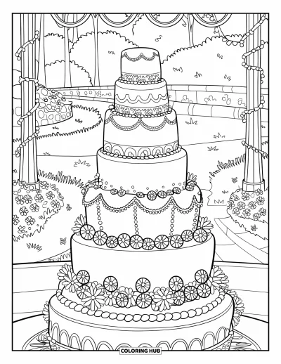 Wedding Cake Coloring Page for Kids: A tiered wedding cake with floral designs is surrounded by trees and fairy lights