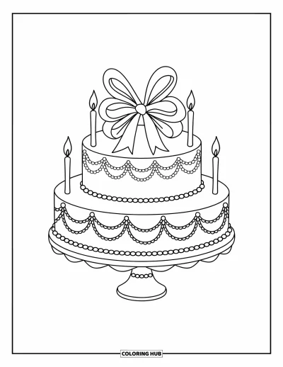 Wedding Cake Coloring Page for Kids: A wedding cake with a pearl border and a fancy bow topper sits on a stand