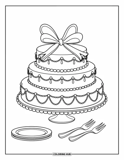 Wedding Cake Coloring Page for Kids: A wedding cake with bold piping and a bow sits beside plates and forks