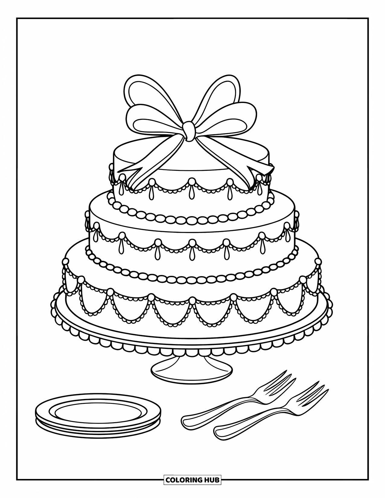 Wedding Cake Coloring Page for Kids: A wedding cake with bold piping and a bow sits beside plates and forks