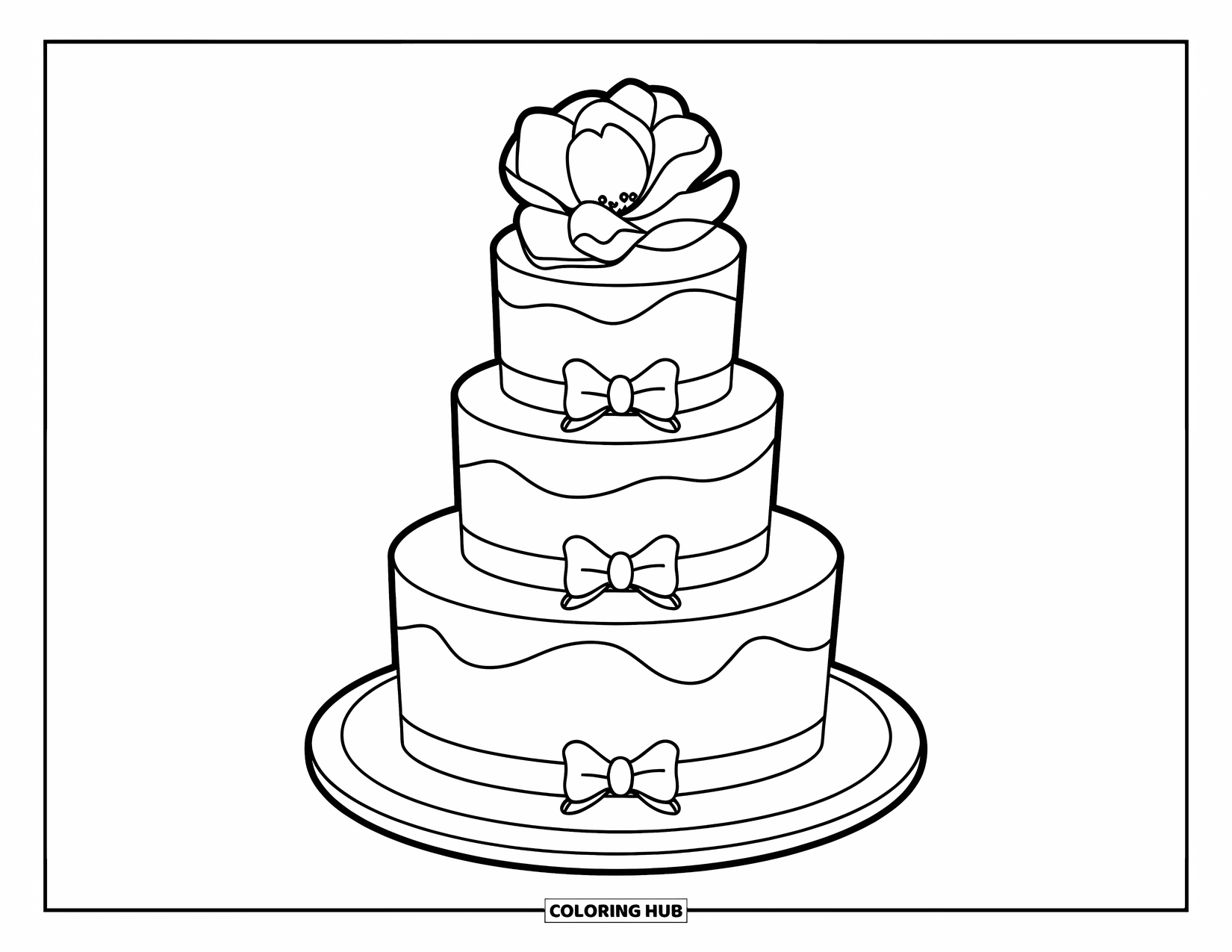 Wedding Cake Coloring Page for Kids: A wedding cake with bows and a flower topper sits on a decorative stand