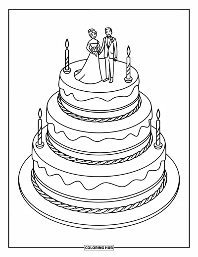 Wedding Cake Coloring Page for Kids: A wedding cake with floral accents and a topper sits on a display table