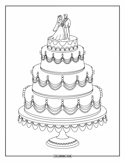 Wedding Cake Coloring Page for Kids: A wedding cake with intricate swirls and a bride-and-groom topper sits on a stand