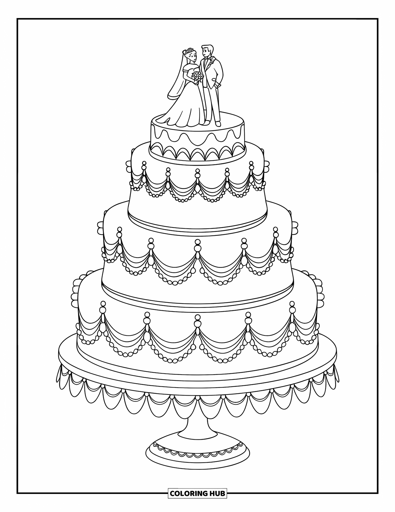 Wedding Cake Coloring Page for Kids: A wedding cake with intricate swirls and a bride-and-groom topper sits on a stand