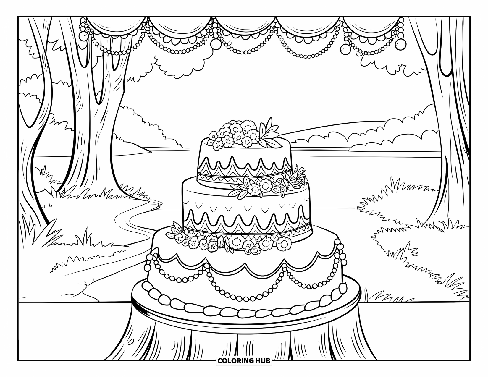Wedding Cake Coloring Page for Kids: A wedding cake with pearl details sits beneath a floral-decorated wooden arch