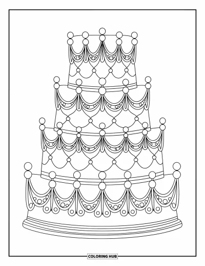 Wedding Cake Coloring Page for Kids: A wedding cake with royal-inspired swirls and pearl details stands on display