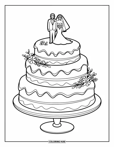 Wedding Cake Coloring Page for Kids: A wedding cake with smooth frosting layers and a bride-and-groom topper sits on a stand