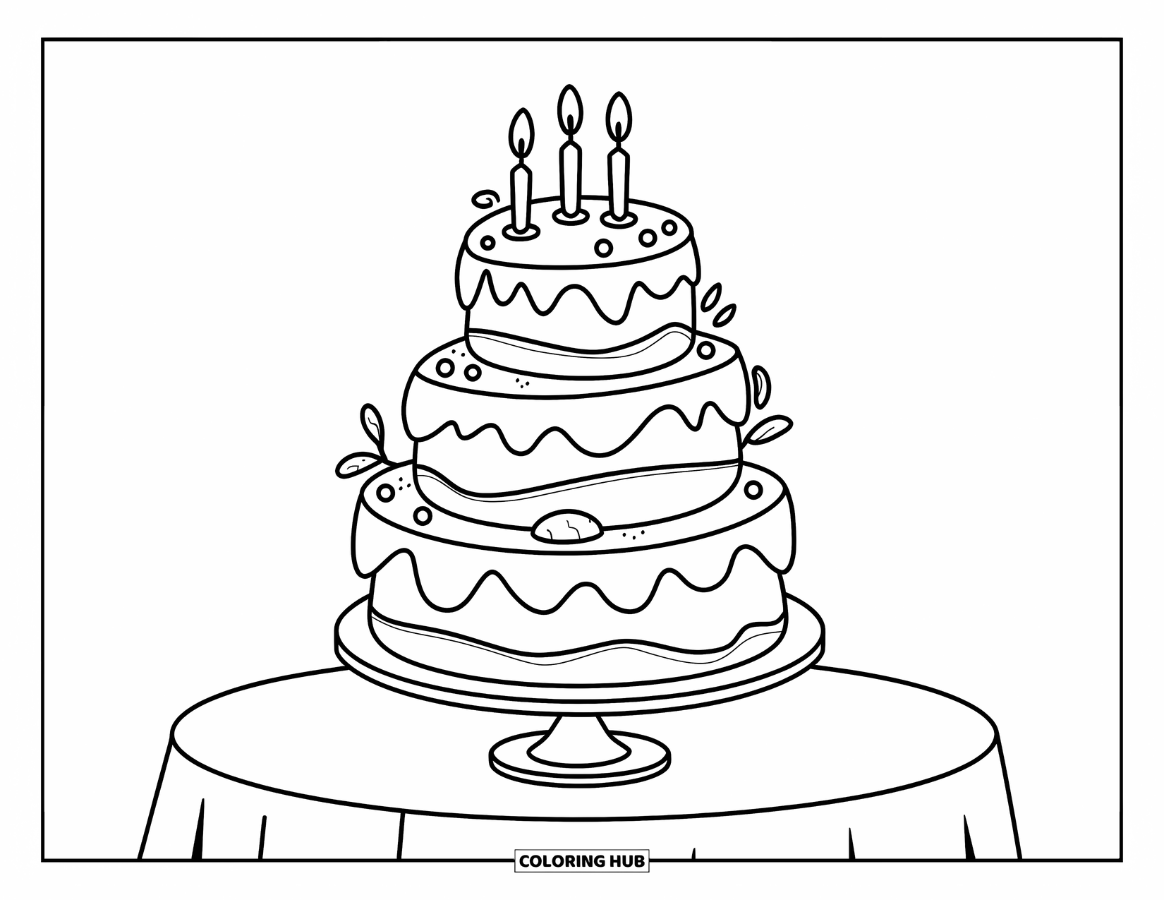 Wedding Cake Coloring Page for Kids: A whimsical wedding cake with swirled frosting layers stands on a decorated table
