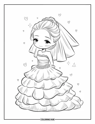 Wedding Dress Coloring Page for Adults: A blushing chibi bride stands in her layered gown, surrounded by soft, glowing heart sparkles
