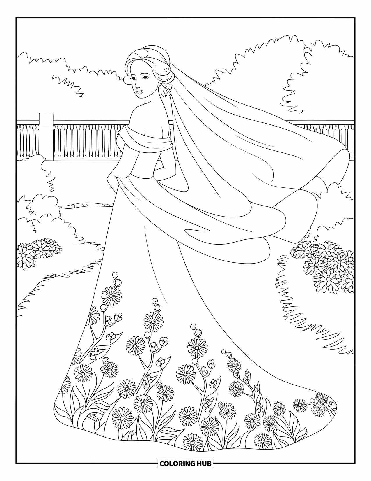 Wedding Dress Coloring Page for Adults: A bride in a floral dress stands in a garden, framed by trees and winding paths