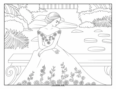 Wedding Dress Coloring Page for Adults: A bride leans forward on a bench, her wedding dress blending with the lush garden