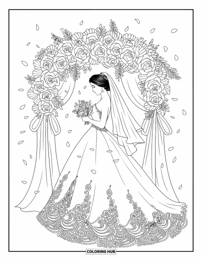 Wedding Dress Coloring Page for Adults: A bride stands in a candlelit cathedral, her veil trailing as she walks toward the altar