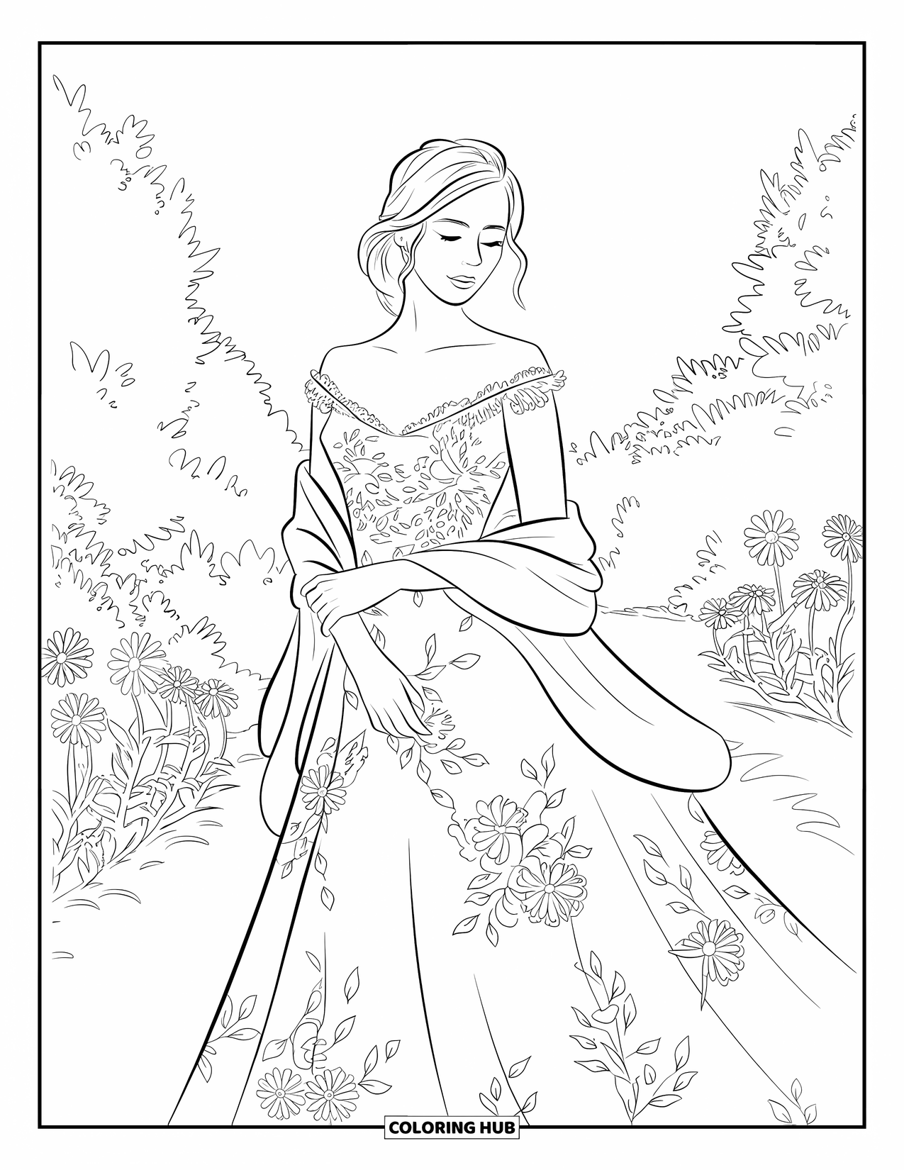 Wedding Dress Coloring Page for Adults: A bride stands in a peaceful garden, her lace shawl draped gracefully over her arms