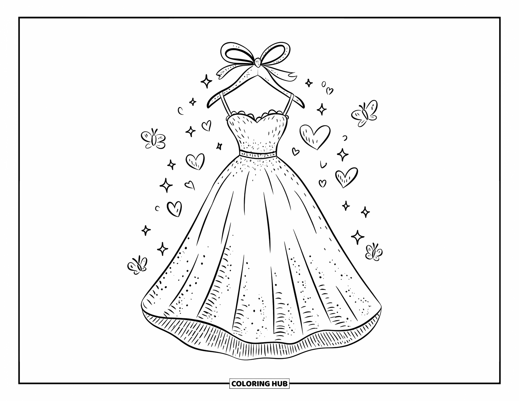 Wedding Dress Coloring Page for Adults: A cascading wedding dress with subtle ruffles hangs from a curved hanger with a decorative bow