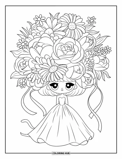 Wedding Dress Coloring Page for Adults: A charming bride with a fluffy skirt and veil stands in a dreamy outdoor landscape