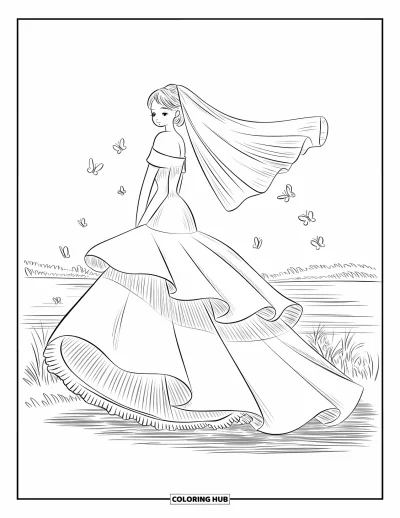 Wedding Dress Coloring Page for Adults: A chibi bride holds her puffy gown, revealing multiple ruffled layers and a flowing veil