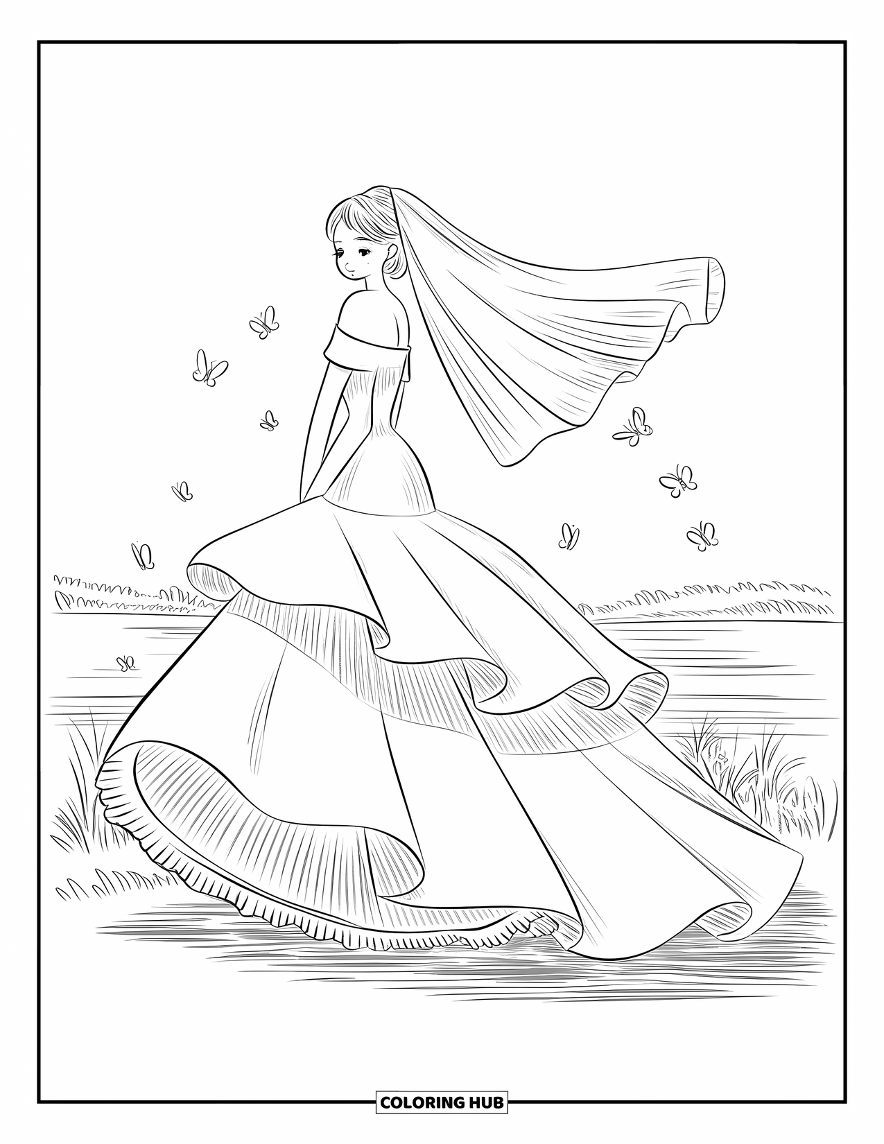 Wedding Dress Coloring Page for Adults: A chibi bride holds her puffy gown, revealing multiple ruffled layers and a flowing veil