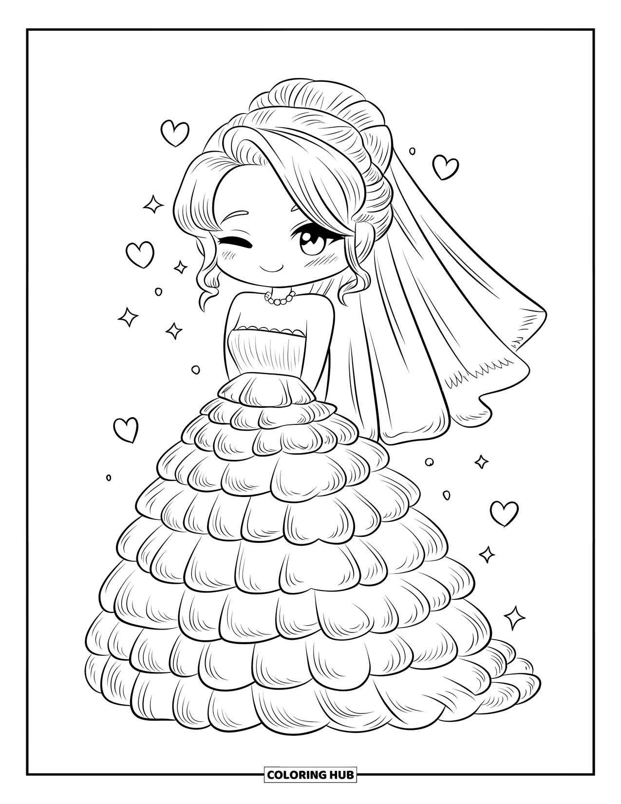 Wedding Dress Coloring Page for Adults: A chibi bride in a ruffled dress tilts her head shyly with floating heart sparkles