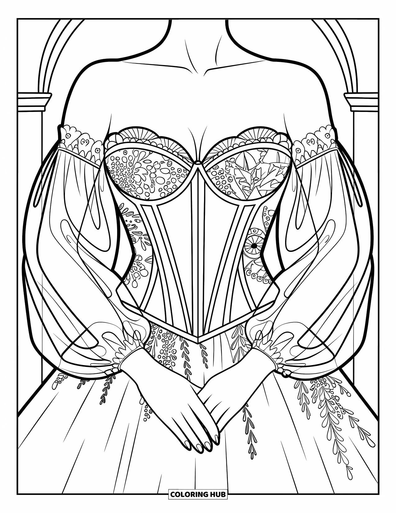 Wedding Dress Coloring Page for Adults: A close-up of an intricate corset gown shows delicate lace and sheer billowing sleeves