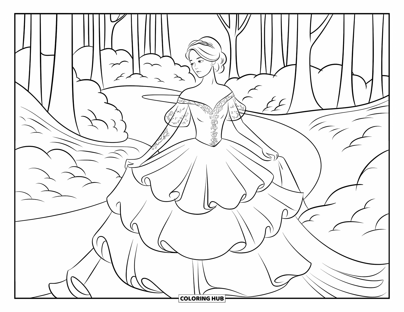 Wedding Dress Coloring Page for Adults: A fairytale bride stands in a forest, her gown cascading in delicate embroidered layers