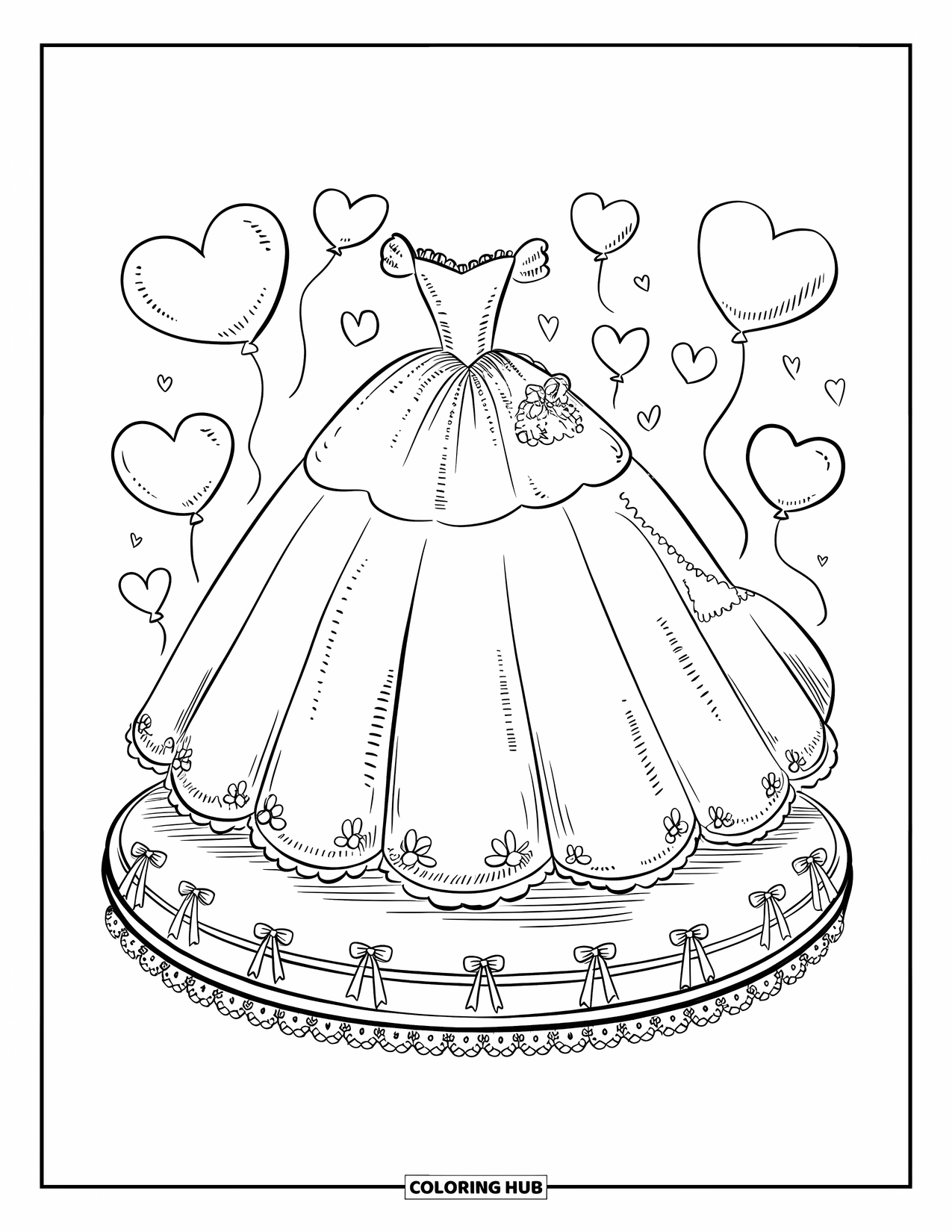 Disegno da colorare di abito da sposa per adulti: Un abito da sposa soffice fa capolino da una scatola decorativa legata con un grande nastro e petali