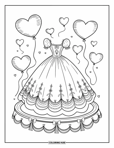Wedding Dress Coloring Page for Adults: A platform displays a dreamy wedding dress surrounded by lace, bows, and floating heart balloons