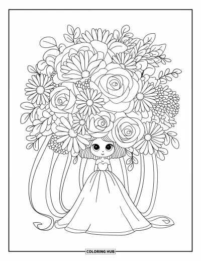Wedding Dress Coloring Page for Adults: A shy bride hides behind a giant floral bouquet with flowing ribbons and soft petals