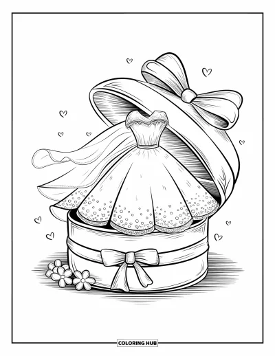 Wedding Dress Coloring Page for Adults: A soft wedding dress neatly folded inside a decorative box tied with an oversized bow