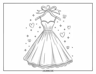 Wedding Dress Coloring Page for Adults: A sweetheart neckline wedding dress with lace details hangs gracefully from a ribbon-tied hanger