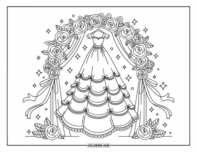 Wedding Dress Coloring Page for Adults: A wedding dress hangs from a floral arch decorated with roses, stars, and flowing ribbons