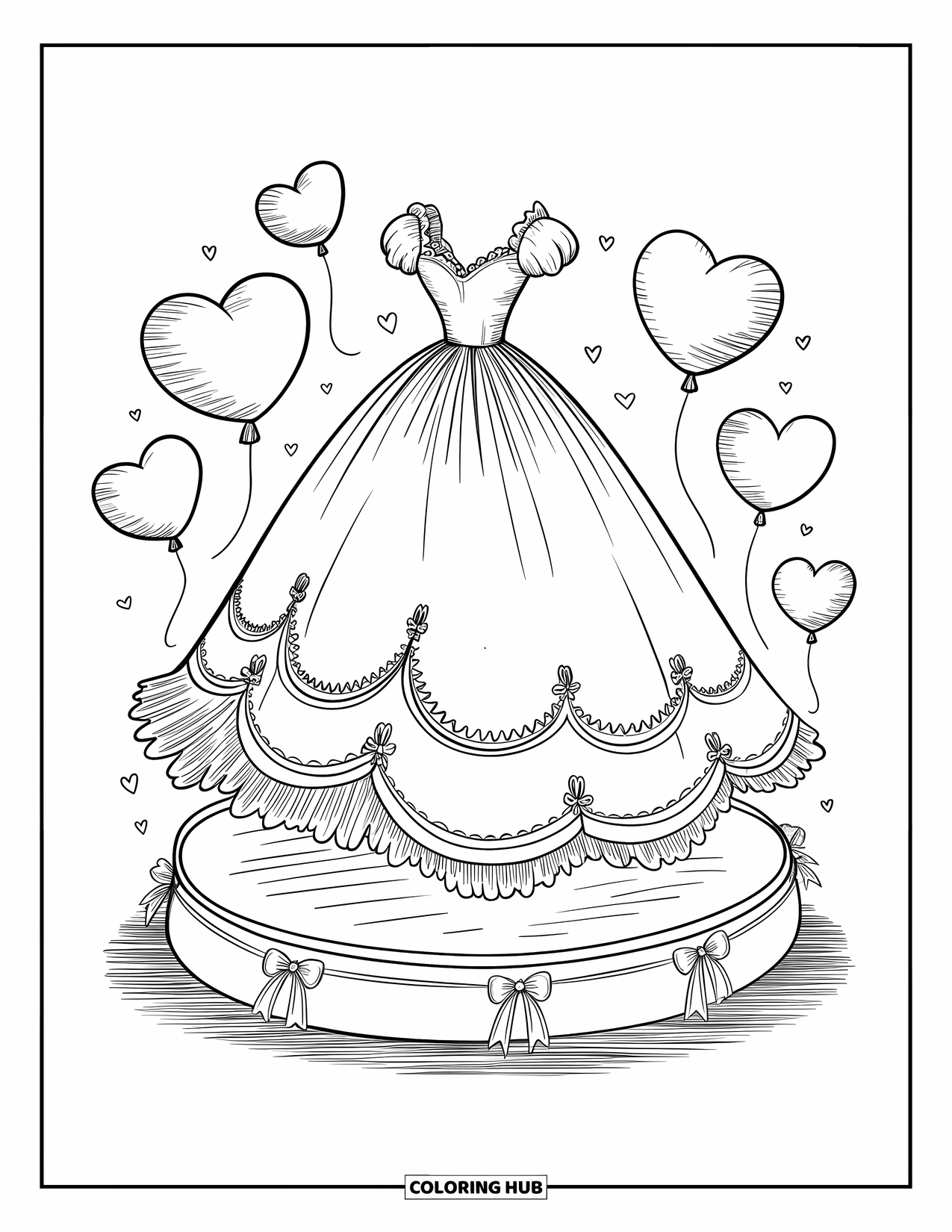 Wedding Dress Coloring Page for Adults: A wedding dress with a grand tulle skirt sits on a decorative platform with heart balloons